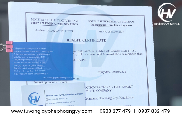 Health Certificate giấy chứng nhận y tế nước ép nha đam 