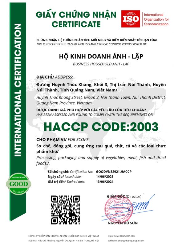 HACCP CODE:2003 - Chứng nhận hệ thống phân tích mối nguy và điểm kiểm soát tới hạn